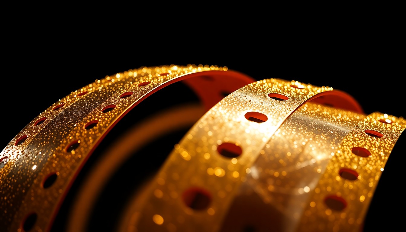An extreme close-up photograph of shimmering, glittering gold and silver film reel stock, reflecting dramatic studio lighting to create a glamorous, high-fashion aesthetic that conceptually represents the prestige of the BMI Icon award.