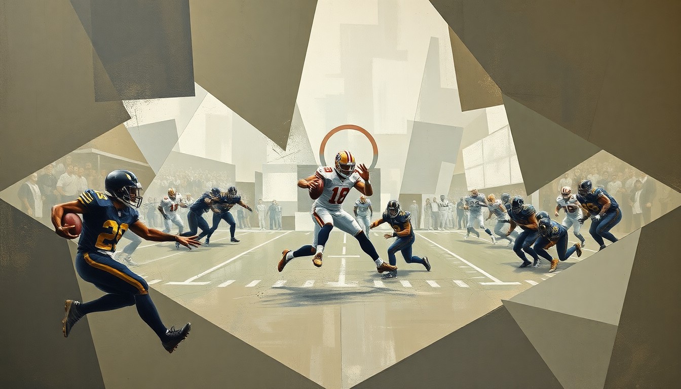 A fragmented, abstract painting featuring overlapping geometric shapes and planes in muted earth tones, conceptually representing the complex dynamics of a new quarterback and head coach pairing in the NFL.