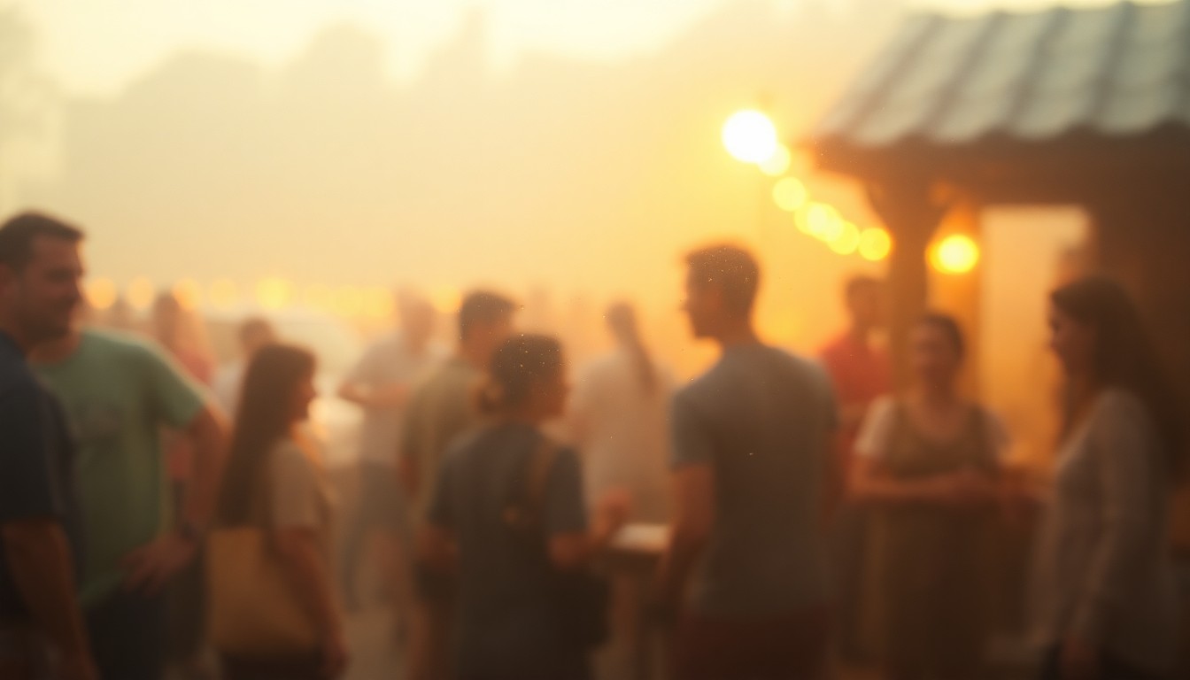 An abstract, impressionistic photograph in soft, warm tones depicting the blurred silhouettes of people gathered at a community event, conveying the sense of local connection and celebration.