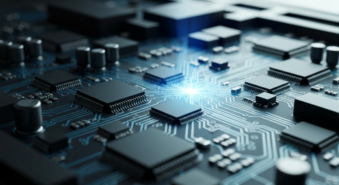 An extreme close-up of the complex gears, circuits, and components that make up the inner workings of a high-tech electronics manufacturing facility, conveying a sense of industrial power and technological innovation.