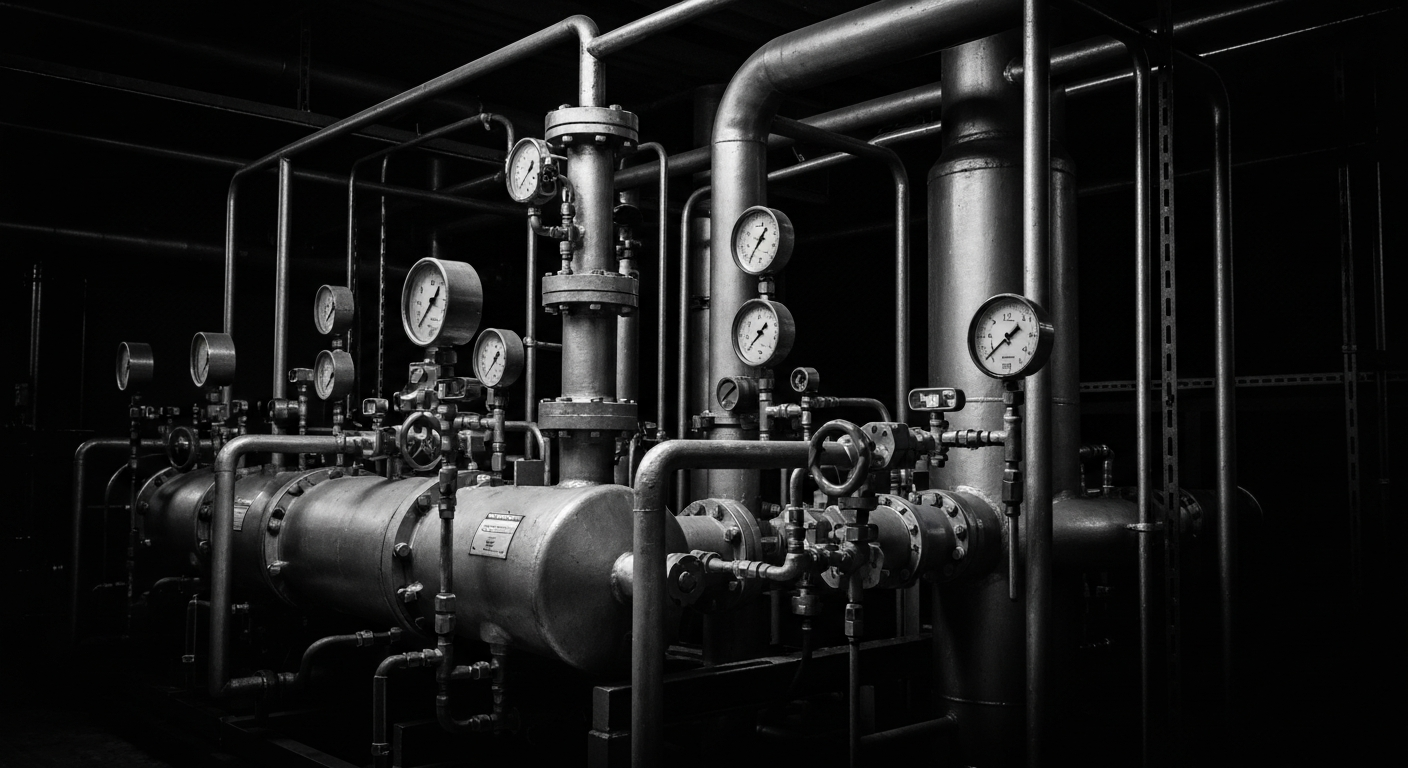 A high-contrast black and white close-up image of the intricate dials, valves, and pipes of an industrial gas production facility, conveying the robust, secure nature of the company's operations.