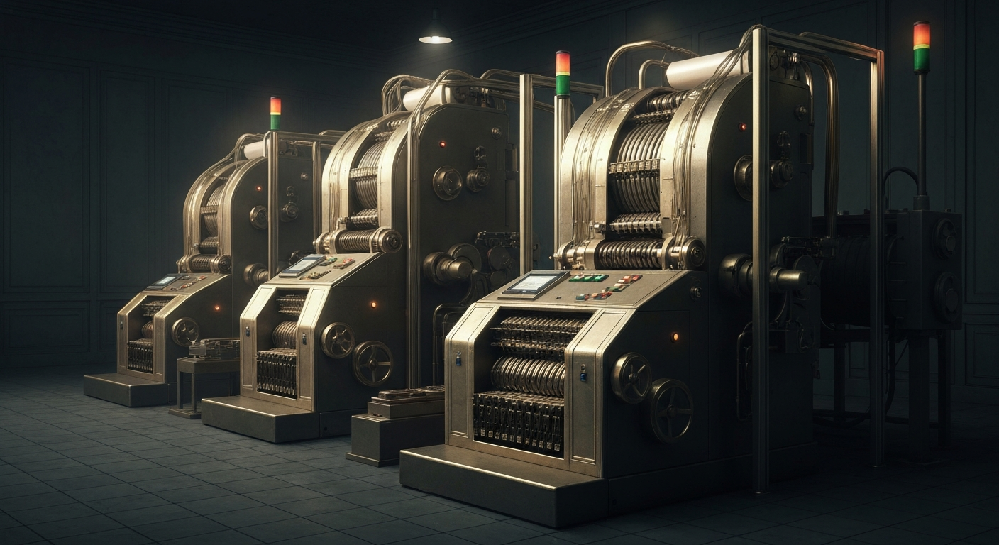 An extreme close-up of complex, metallic financial machinery and equipment, conveying the institutional wealth management infrastructure supporting Netflix's growth without using any literal financial symbols or text.