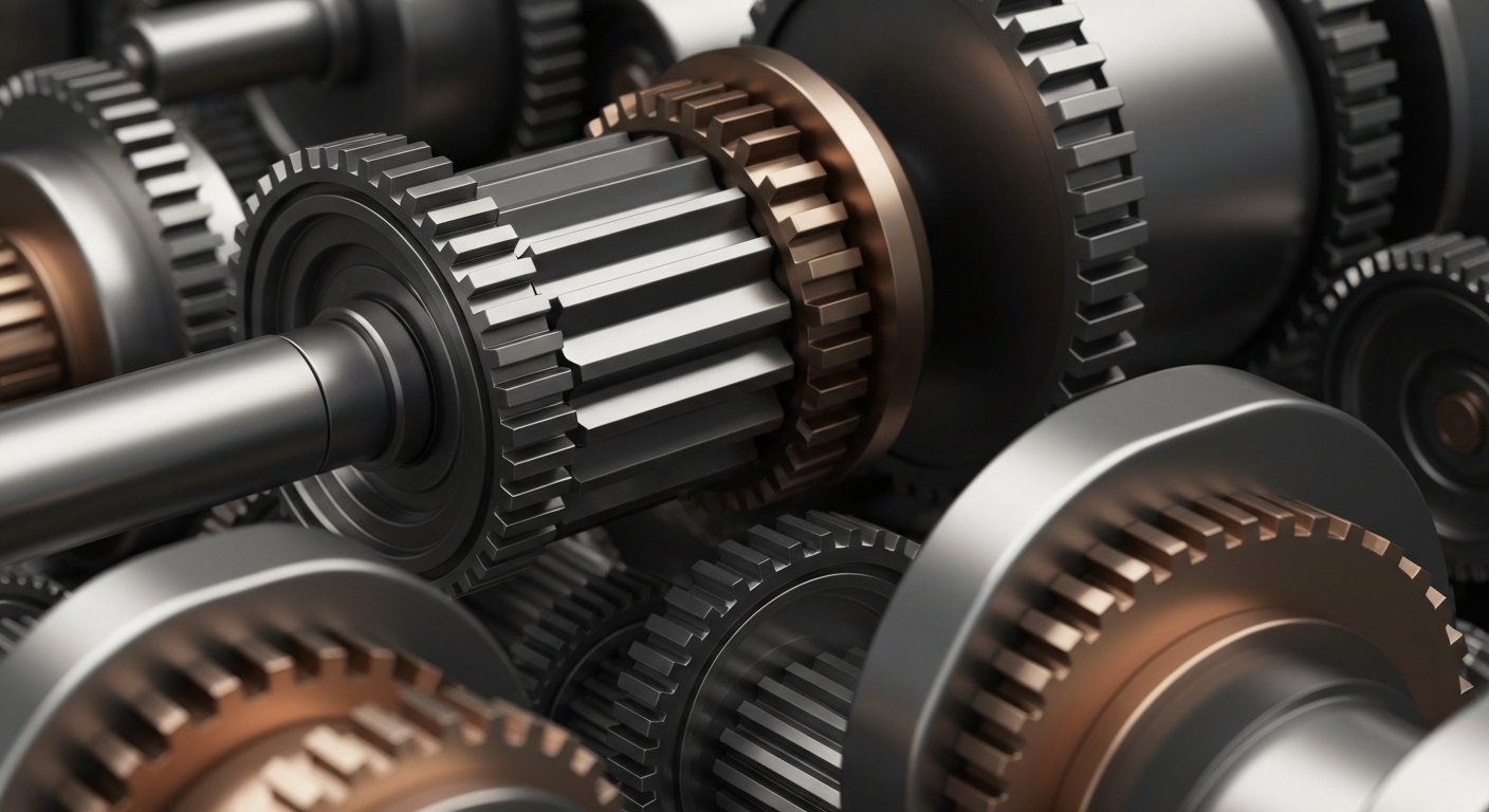 A highly detailed, macro-level view of the complex mechanical components and gears that make up the physical infrastructure of the banking and finance sectors, conveying a sense of the secure, industrial foundations underlying global financial systems.