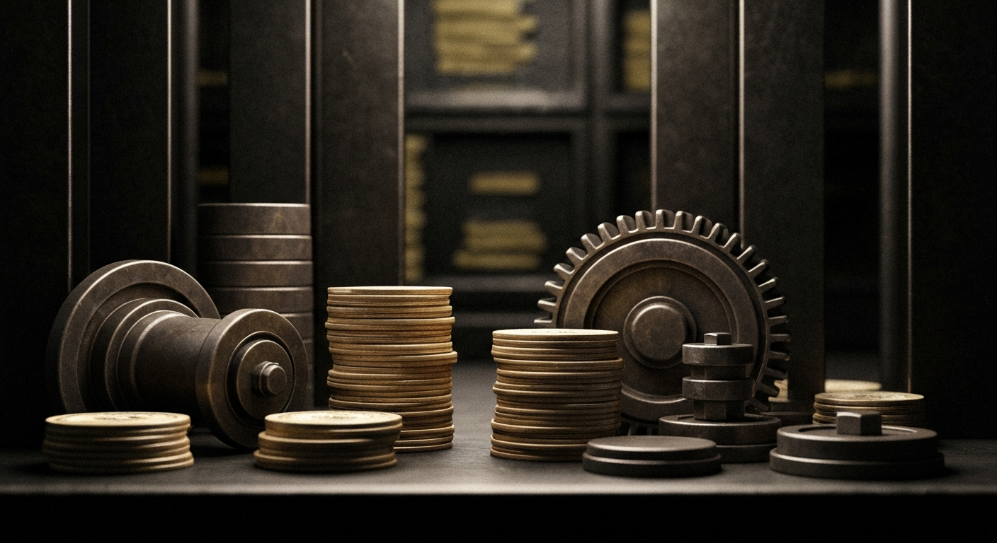 A dramatic, high-contrast close-up of gears, levers, and other heavy industrial banking equipment, conveying a sense of the intricate mechanics and power of the financial industry.