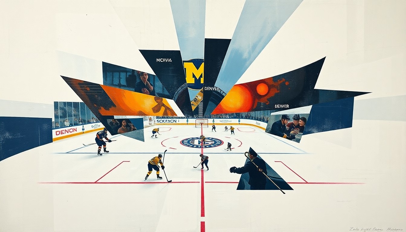 A cubist, geometric painting depicting the action of a college hockey game, with players and the rink broken down into sharp, overlapping shapes and planes in a vibrant color palette.