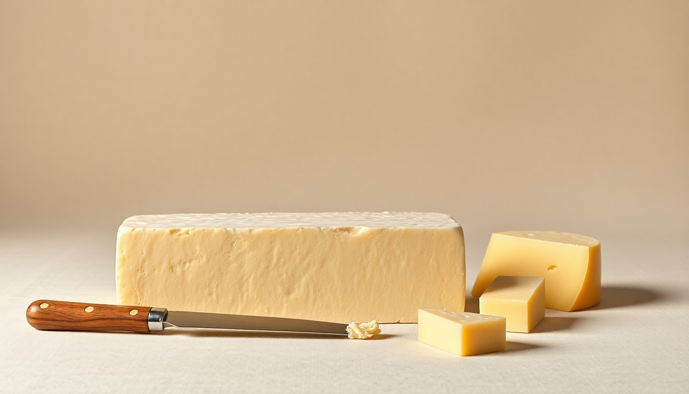 A high-end, photorealistic studio still-life photograph featuring a large block of artisanal cheese, a cheese knife, and a few small wheels of cheese arranged elegantly on a clean, monochromatic seamless background, conceptually representing the quality and craftsmanship of South Dakota's cheese industry.
