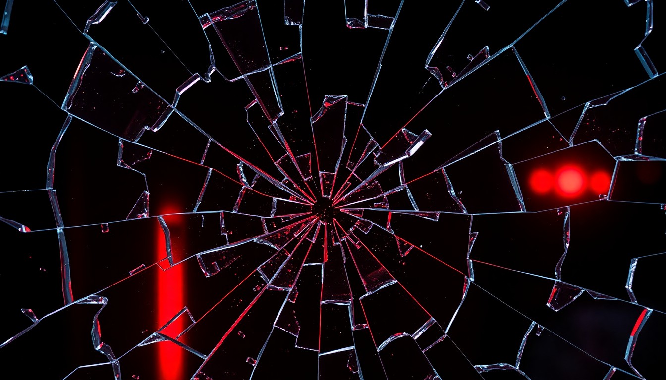 An extreme close-up photograph of shattered glass reflecting a neon red light, conveying the intense emotions and high-stakes conflicts of the popular soap opera.
