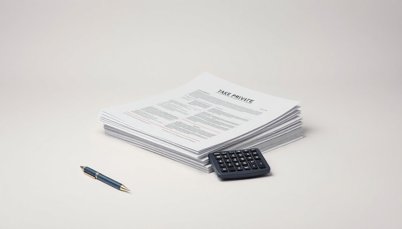 A photorealistic studio still life featuring a stack of financial documents, a pen, and a calculator arranged on a clean, monochromatic background, conceptually representing the complex corporate strategy and financial details involved in Mister Car Wash's take-private transaction.