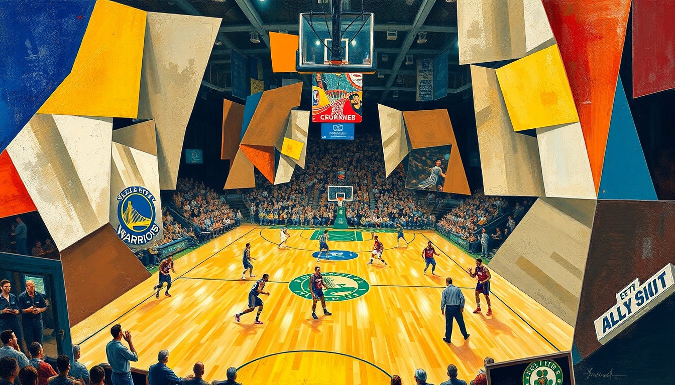 A fragmented, geometric painting depicting the action of a basketball game, with sharp lines and planes of color representing the players and movement on the court, conveying the competitive intensity of the 2022 NBA Finals between the Warriors and Celtics.