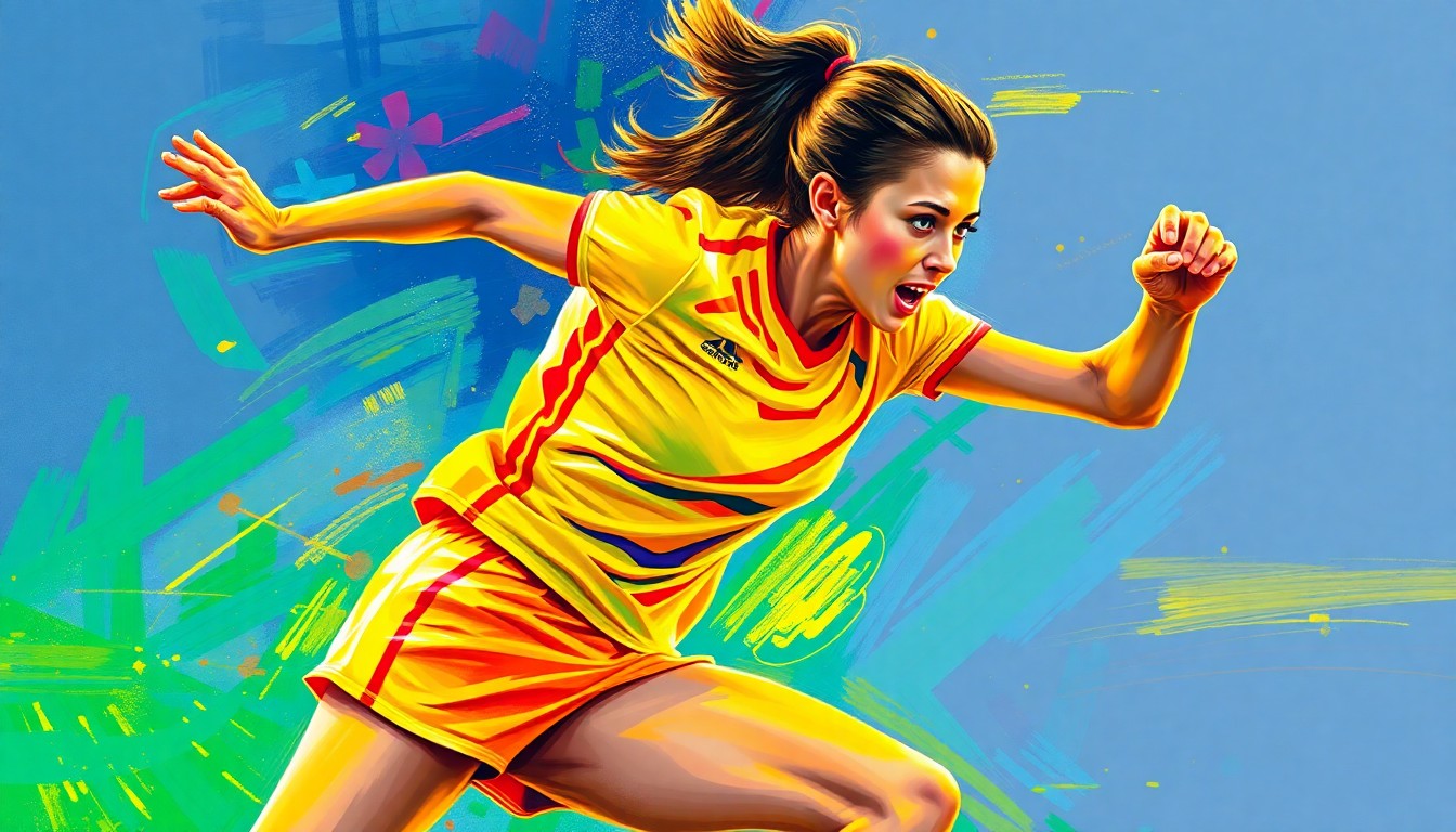 An abstract, expressionist painting featuring bold, energetic brushstrokes in neon shades of blue, green, and pink, conceptually representing the dynamic athleticism and vibrant personality of a female high school soccer player.