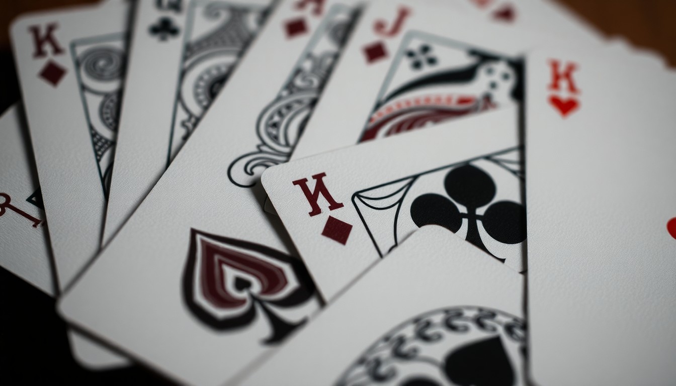 An extreme close-up photograph showcasing the detailed patterns, textures, and colors of playing cards, representing the strategic and tactile nature of the classic card game Gin Rummy.
