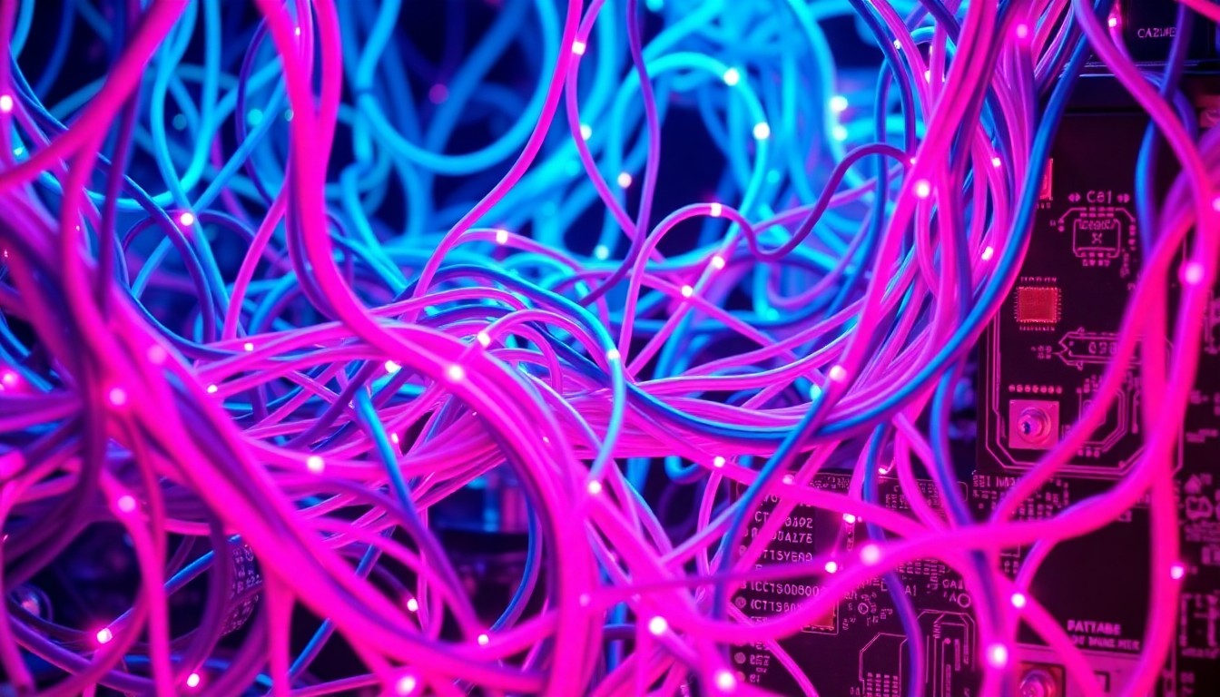 A highly detailed, glowing 3D macro illustration of tangled fiber-optic cables and circuit boards in shades of neon cyan and magenta, conceptually representing the complex digital infrastructure powering AI development.