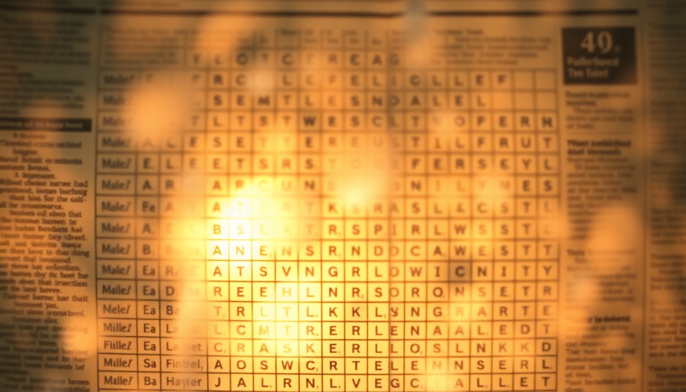 An extremely abstracted, out-of-focus photograph of a newspaper page showing hints of a crossword puzzle grid, captured through condensation or rain-streaked glass in a soft, warm palette of colors, conceptually representing the engaging mental exercise of solving crossword clues.