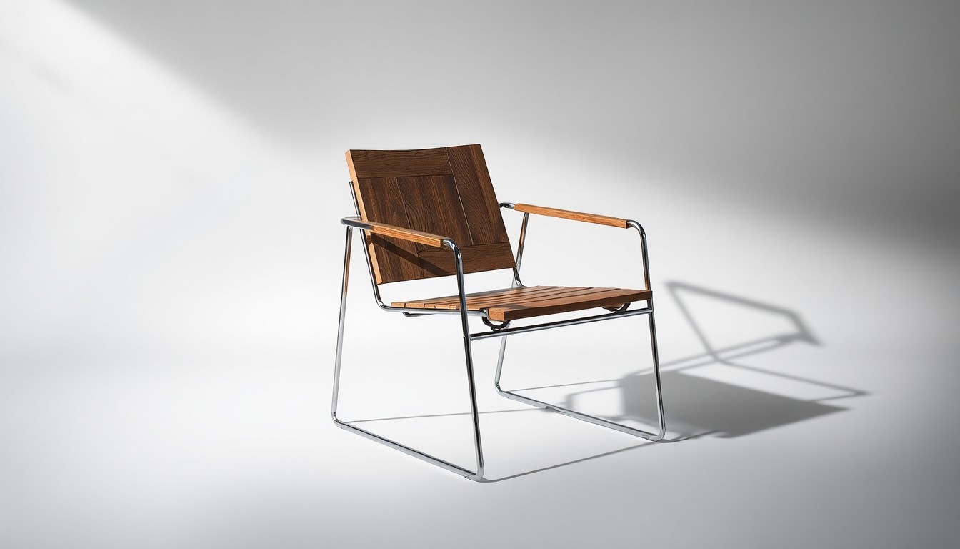 A photorealistic studio still-life photograph featuring a sleek, modern outdoor patio chair made of polished metal and weathered wood, arranged elegantly on a clean, monochromatic background and dramatically lit to showcase the premium quality of the furniture.