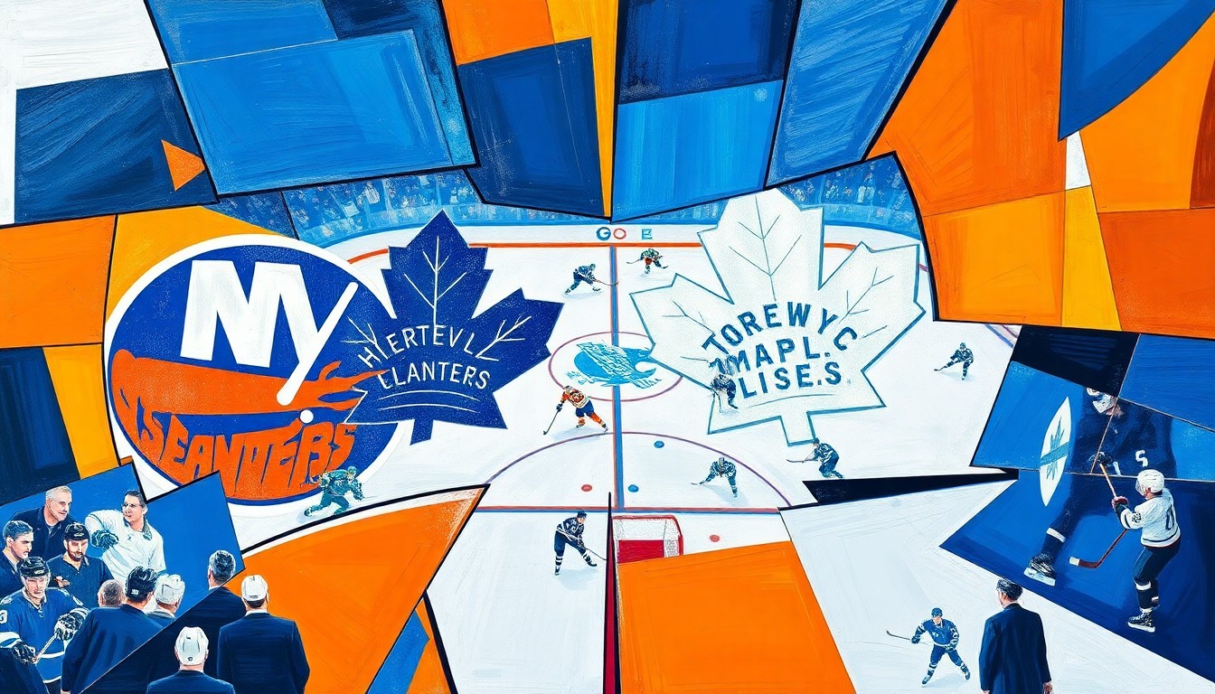 A cubist, geometric painting depicting a hockey game between the New York Islanders and Toronto Maple Leafs, with the players and action broken down into sharp, overlapping planes of color.