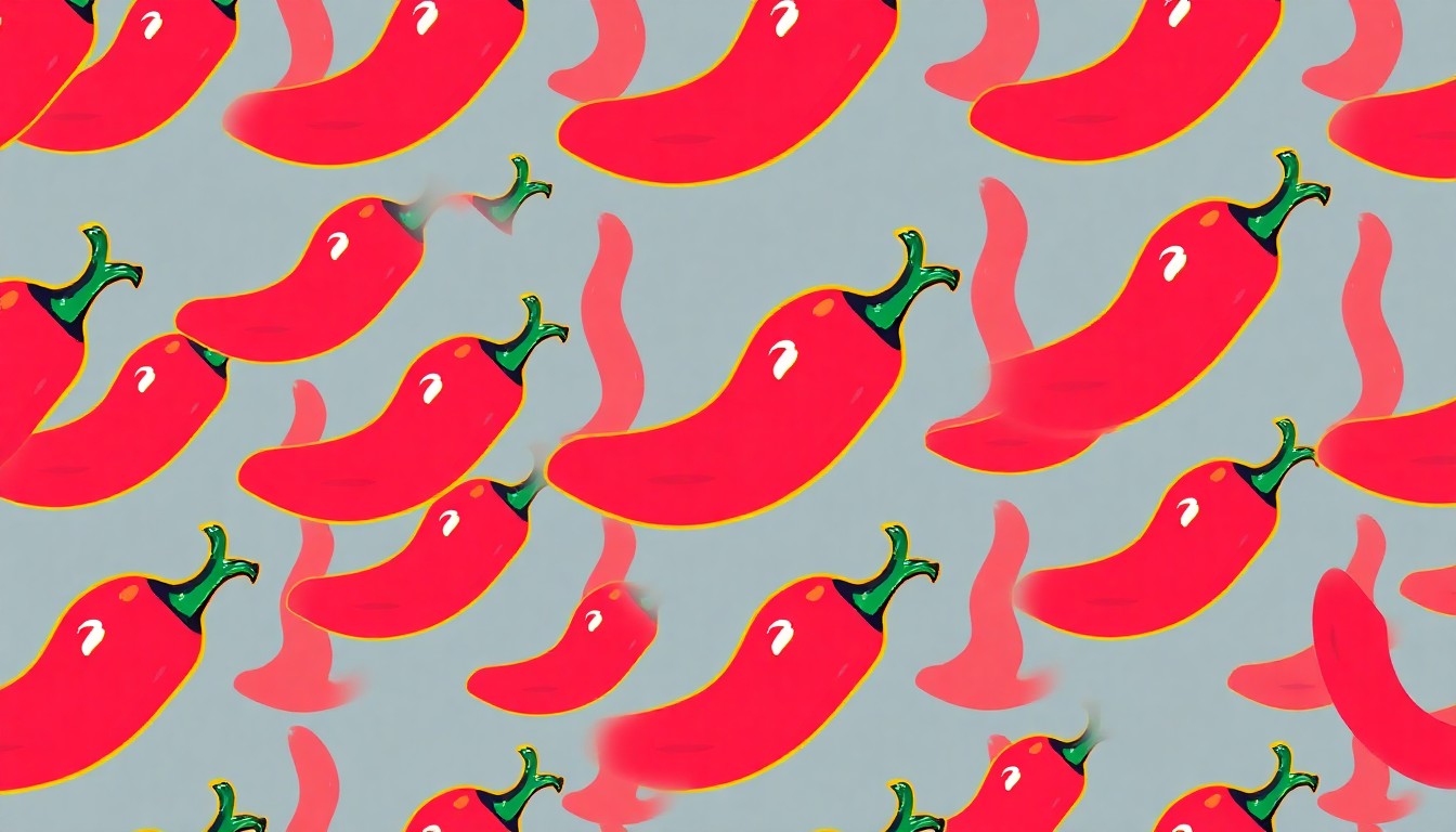 A brightly colored, high-contrast silkscreen-style illustration featuring a single chili pepper icon repeated in a tight grid pattern, rendered in a bold, neon color palette with heavy black outlines, conceptually representing the spicy nature of the crossword clue's answer.