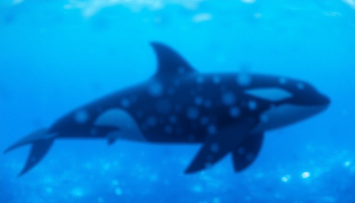 An abstract, impressionistic scene of an orca whale's silhouette swimming through a hazy, out-of-focus underwater landscape, rendered in a soft, dreamlike palette of blues, teals, and violets.