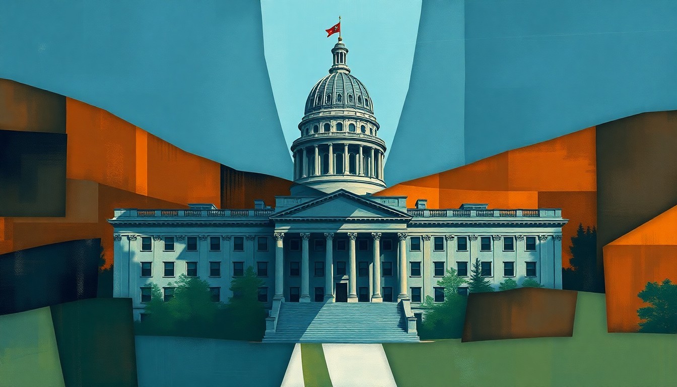A highly abstract, fragmented painting in shades of blue, green, and orange, depicting a stylized state capitol building in an avant-garde, cubist-inspired style that suggests the political tensions and divisiveness of the governor's race.