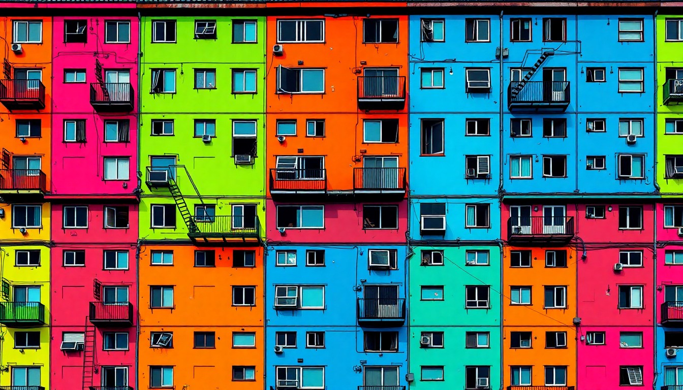 A highly stylized, silkscreen-inspired illustration depicting a repeating pattern of a run-down apartment building facade in vibrant neon colors, conceptually representing the city's crackdown on substandard rental housing.