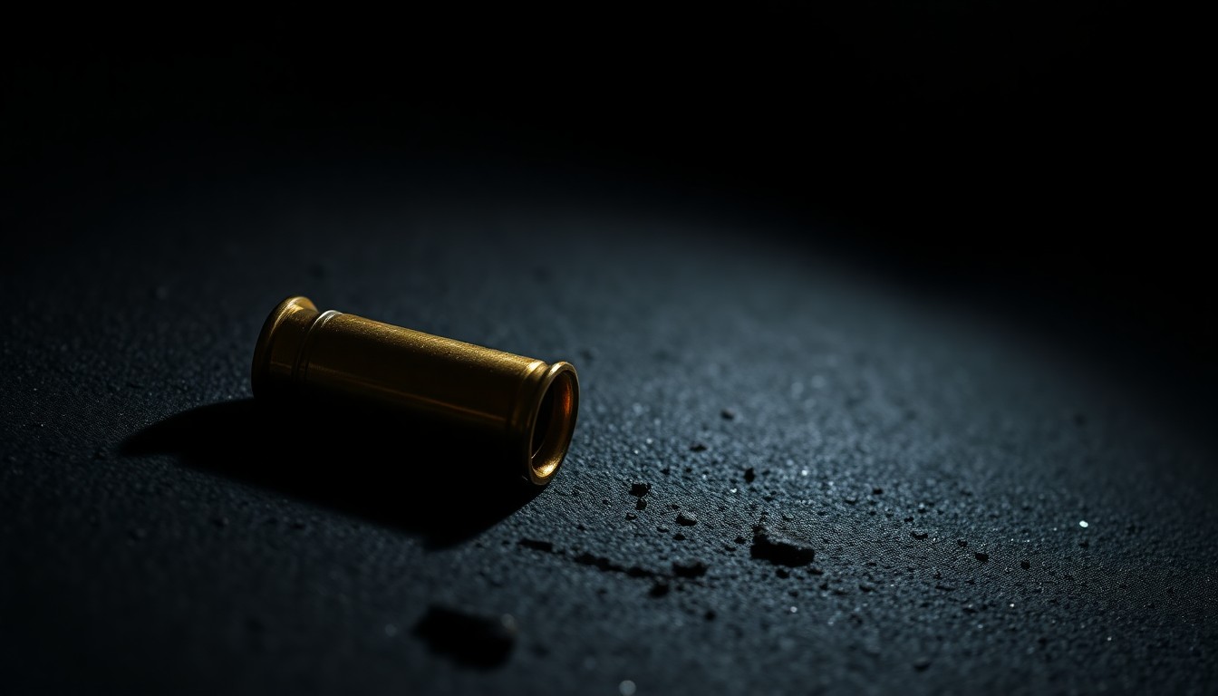 An extreme close-up of a single spent shell casing on a dark, textured surface, reflecting a harsh camera flash and conceptually illustrating the aftermath of a shooting incident.