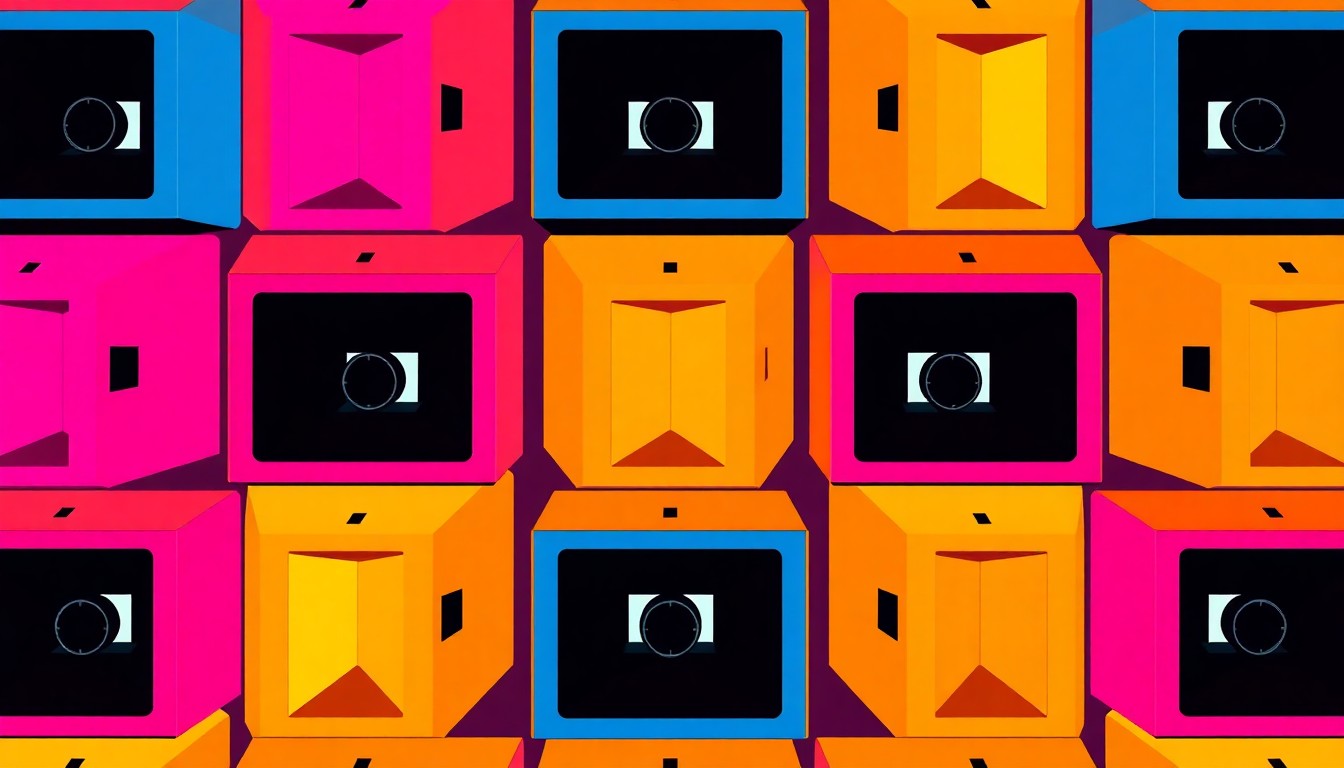 A vibrant, high-contrast silkscreen print of an airport security scanner repeated in a tight grid, using a neon color palette and heavy black outlines to transform the everyday object into a modern pop art piece.