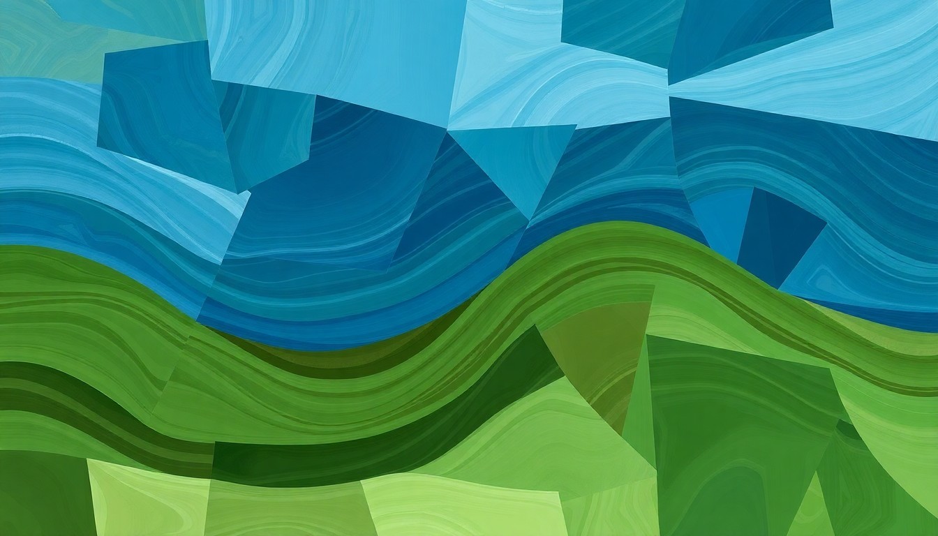 A vibrant, abstract painting in shades of blue, green, and brown depicting the flowing movement of a river, with overlapping geometric shapes and fractured brushstrokes conveying the dynamic balance between development and environmental preservation in the Big Darby watershed.