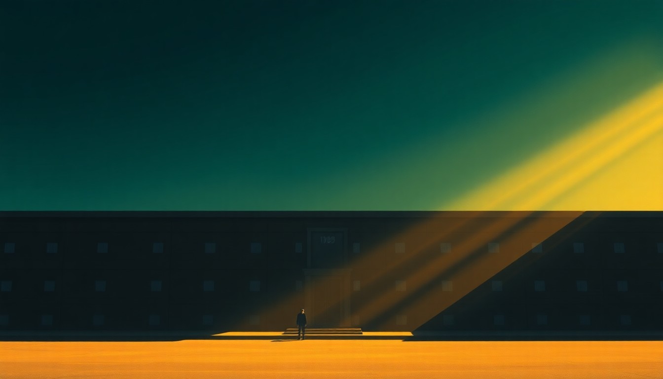 A serene, cinematic painting of a large, nondescript detention center building in warm, golden sunlight, with deep shadows cast across the facade, evoking a sense of isolation and the complex human stories behind the facility's walls.