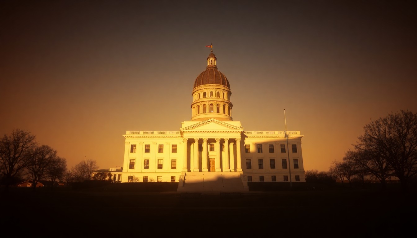 A serene, cinematic painting of the South Dakota state capitol building in Pierre, with the structure bathed in warm, diagonal sunlight and deep shadows, conveying a sense of political isolation and quiet melancholy.