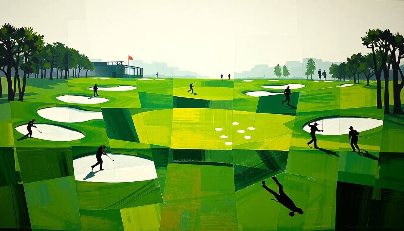 A cubist, geometric painting depicting the Masters Tournament, with overlapping planes of green fairways, white bunkers, and silhouetted golfers in motion, capturing the energy and competition of the event.