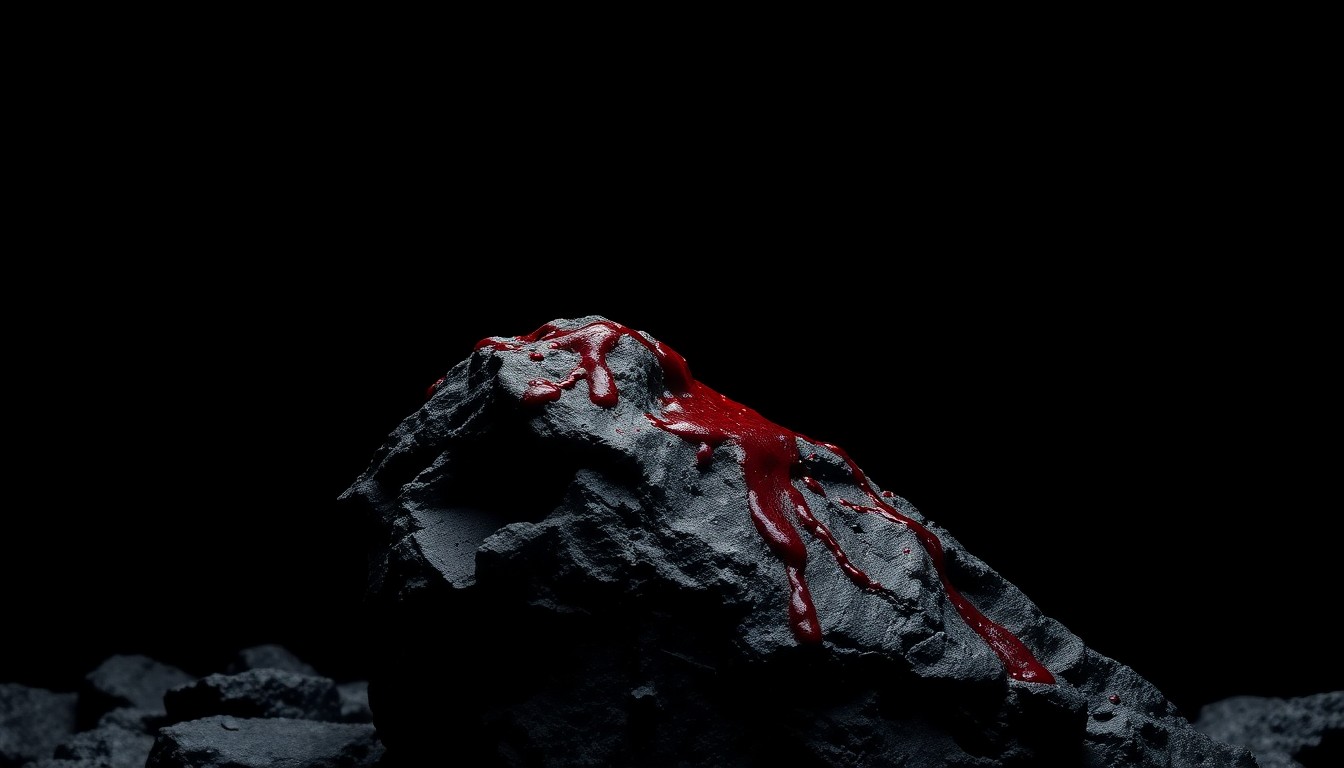 An extreme close-up photograph of a jagged rock covered in dried blood, conceptually representing the physical evidence from the violent attack on the Nuuanu hiking trail.