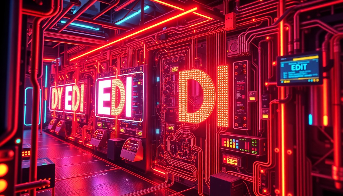 A highly detailed 3D illustration of a glowing, futuristic EDI data processing hub, with pulsing neon lights, intricate circuit boards, and a sense of dynamic energy, conceptually representing the power and complexity of modern B2B integration.