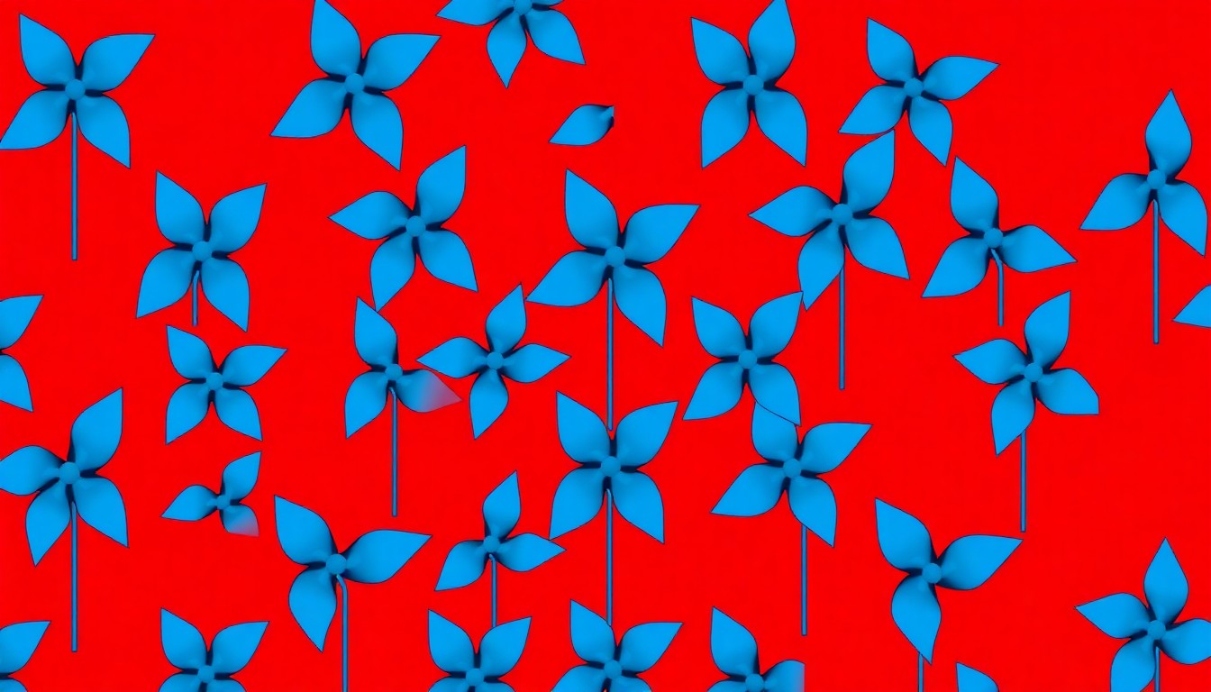 A bold, colorful silkscreen print featuring a grid of stylized blue pinwheels, the national symbol for child abuse prevention, conceptually representing the coordinated community efforts to raise awareness and support for this important cause.