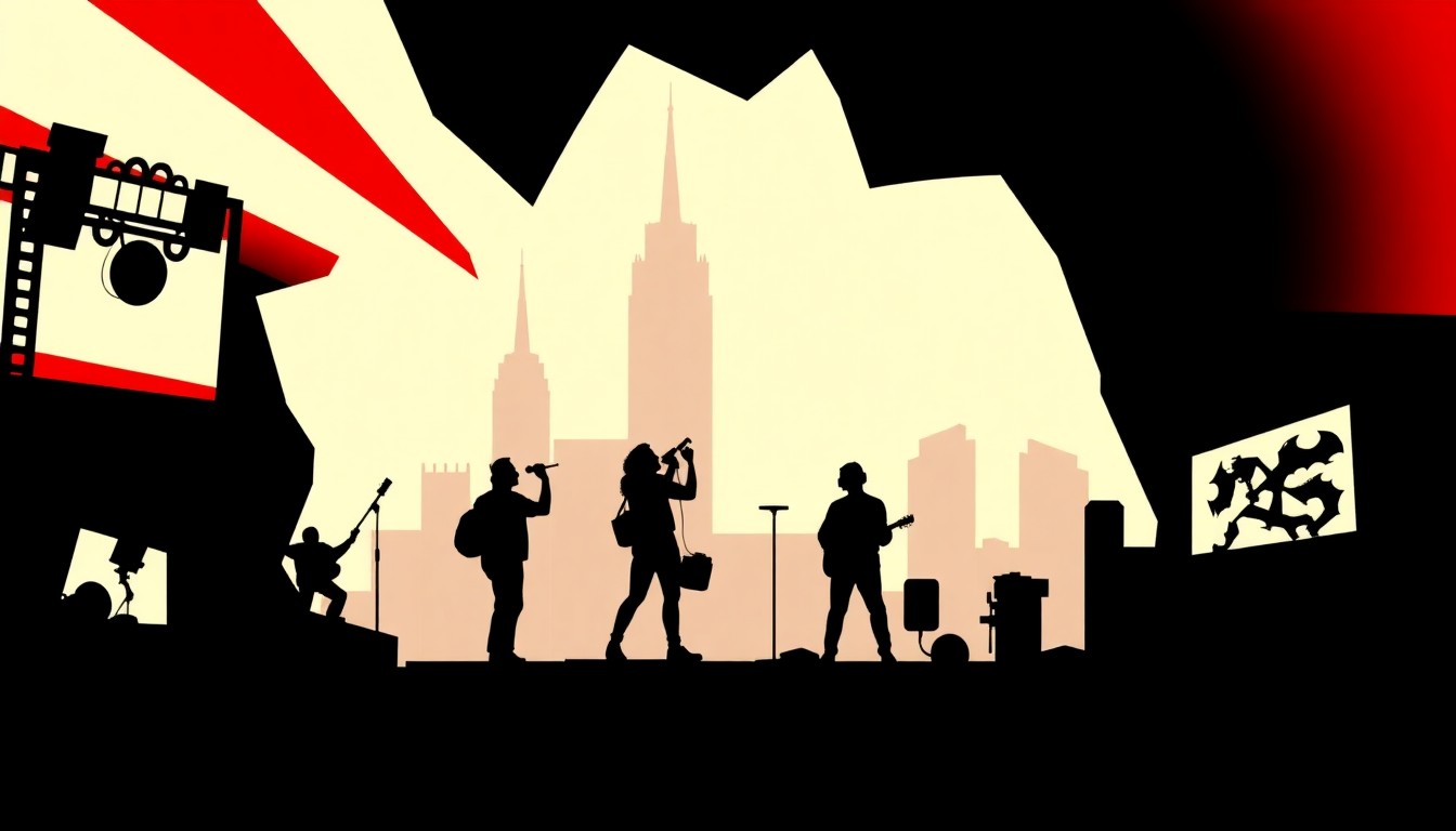 A conceptual editorial illustration in the style of Saul Bass, featuring bold, geometric shapes and silhouettes in high-contrast colors to represent the diverse range of entertainment events happening in Cleveland.