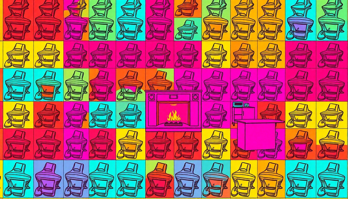 A vibrant, high-contrast silkscreen print of a luxury outdoor kitchen repeated in a grid, capturing the modern, artistic flair of this nature-inspired estate.