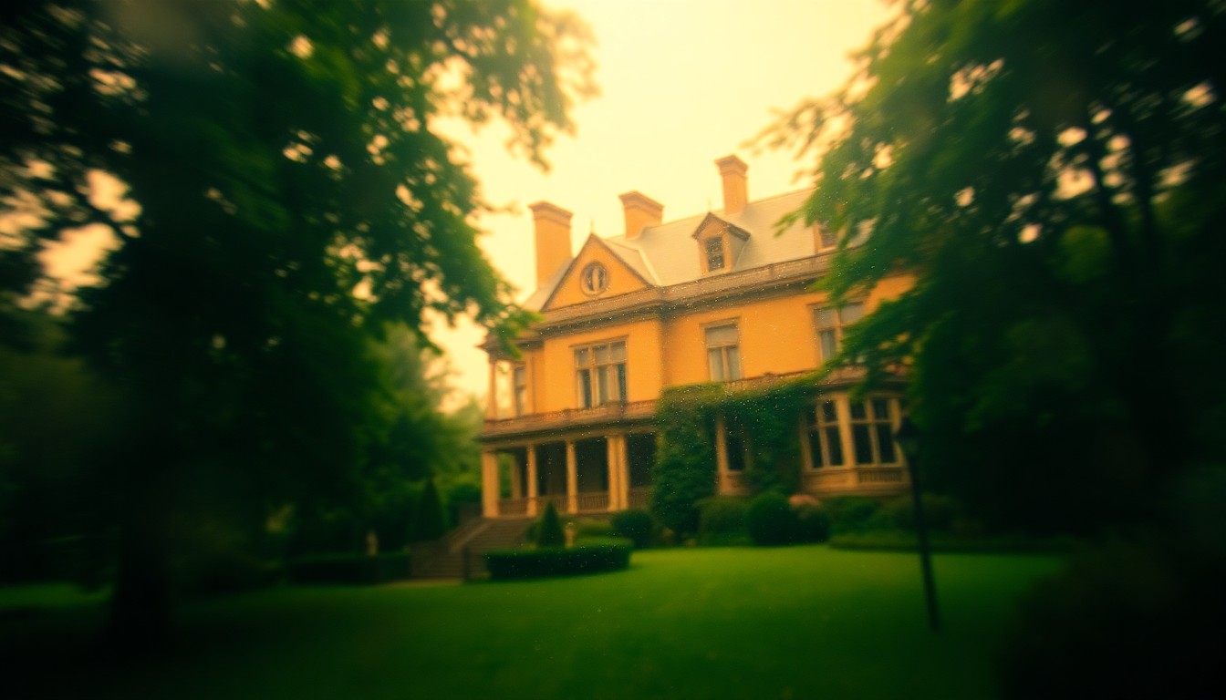 An extremely blurred, impressionistic photograph showing the soft, warm outlines of a historic mansion nestled among trees and greenery, conveying a sense of mystery and tranquility.