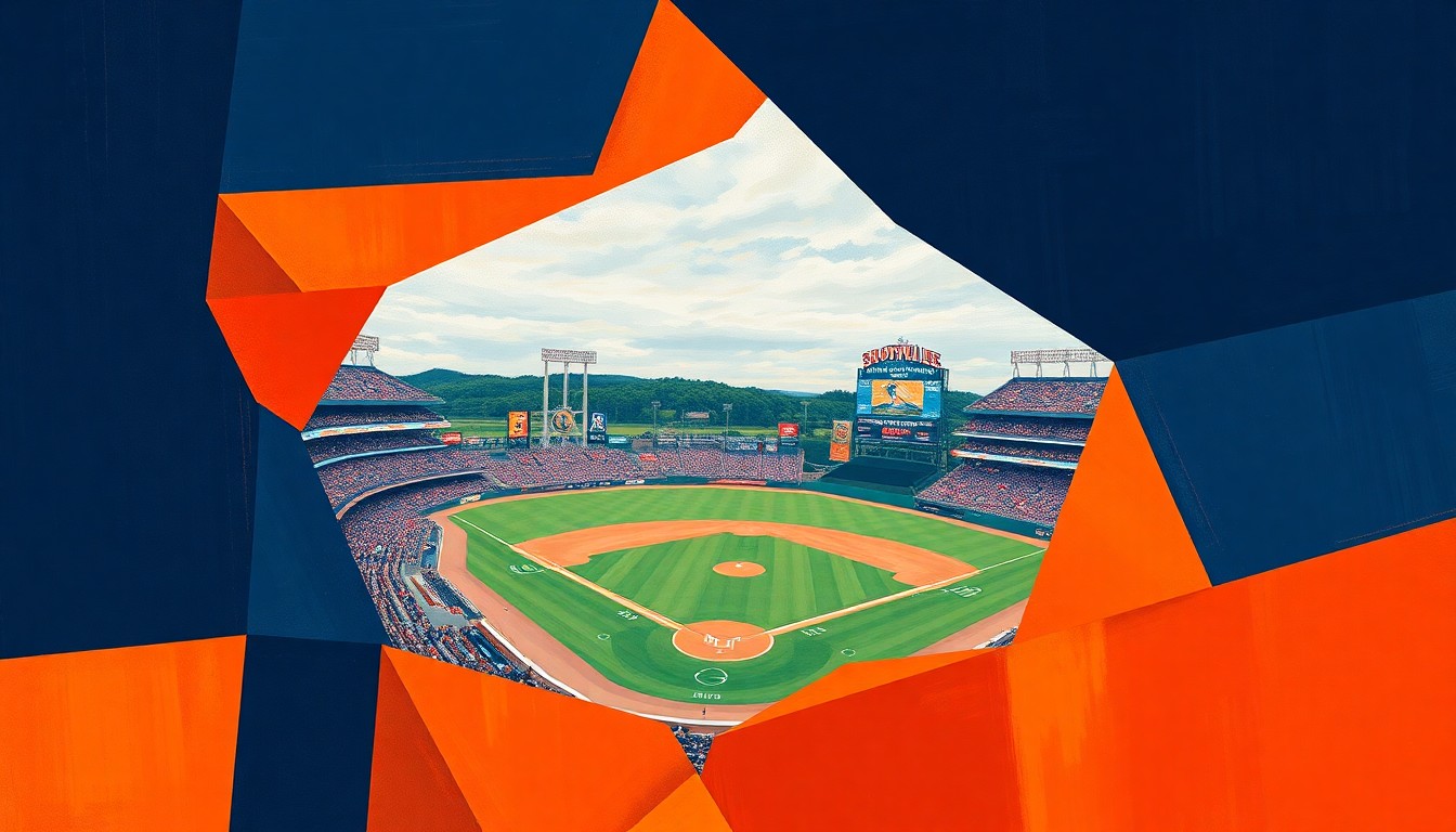 A cubist, geometric painting depicting a Knoxville Smokies baseball game, with sharp overlapping planes of orange and navy blue representing the action on the field.