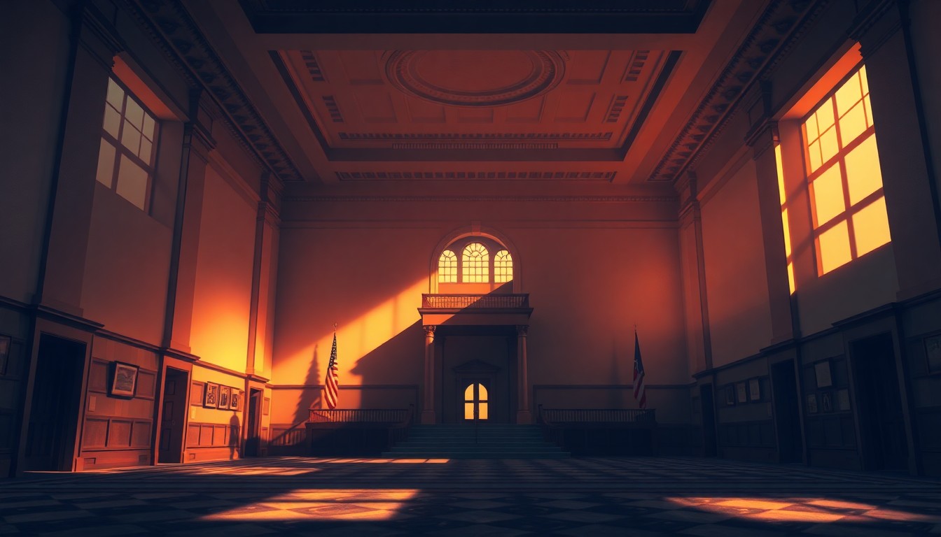 A dimly lit, cinematic painting of an empty government office space, with warm sunlight streaming in through the windows and deep shadows cast across the room, creating a sense of political tension and uncertainty around climate change policy.