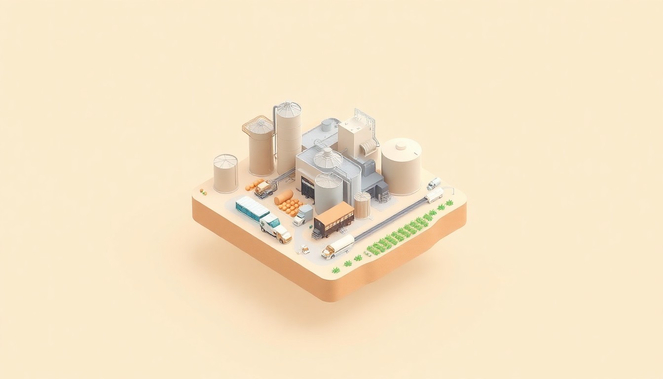 An isometric 3D illustration depicting a stylized potato processing plant surrounded by fields of crops, representing the agricultural abundance and industrial growth in the Grand Forks region.