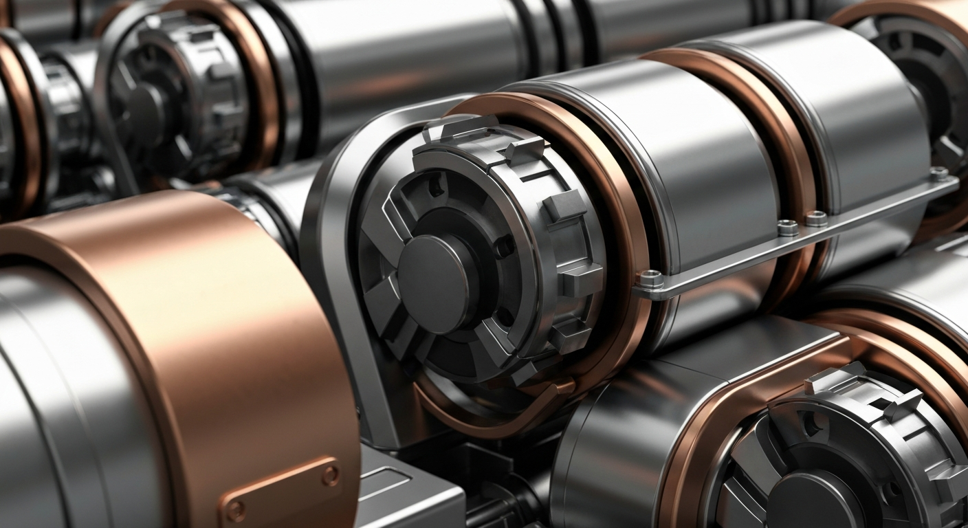 An extreme close-up of the intricate, interlocking mechanisms of heavy industrial machinery, representing the secure, reliable backbone of modern manufacturing.