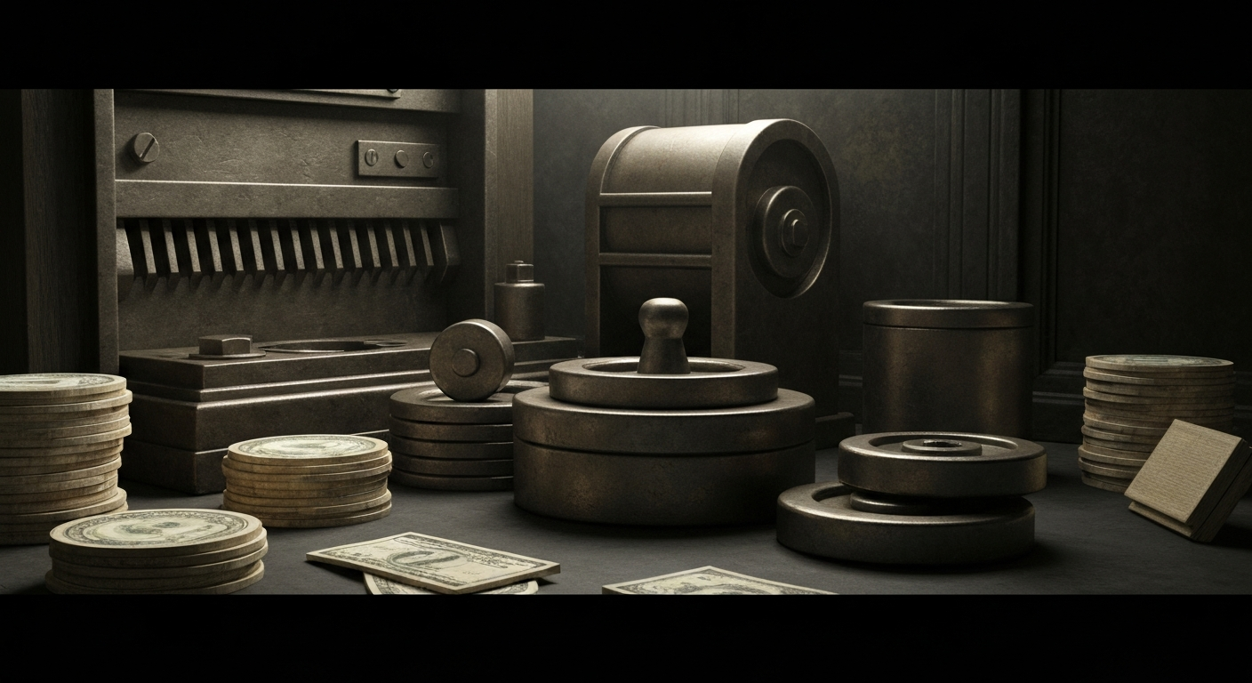 An extreme close-up of intricate banking machinery and equipment, conveying the tangible nature of financial institutions and wealth without using literal currency or charts.