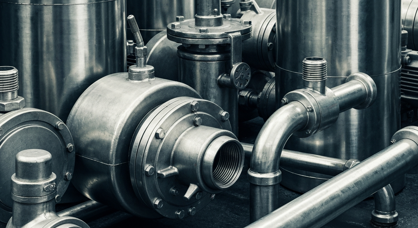 An extreme close-up of heavy, polished metal pool equipment and machinery, such as filters, pumps, or valves, conveying a sense of industrial strength and reliability behind Pool Corporation's product offerings.