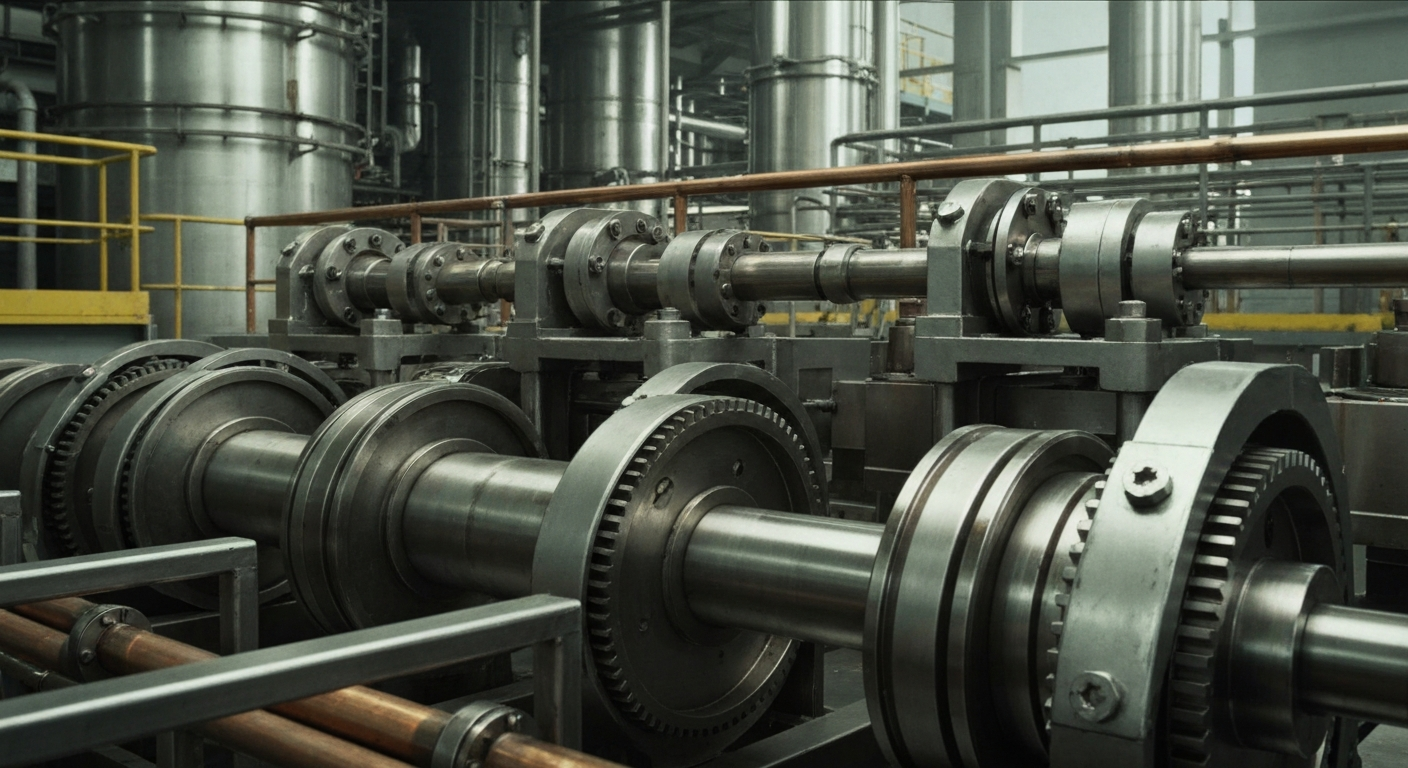 A close-up image of the intricate gears, valves, and other industrial equipment used in a Sherwin-Williams paint production facility, conveying the scale and complexity of the company's manufacturing operations.