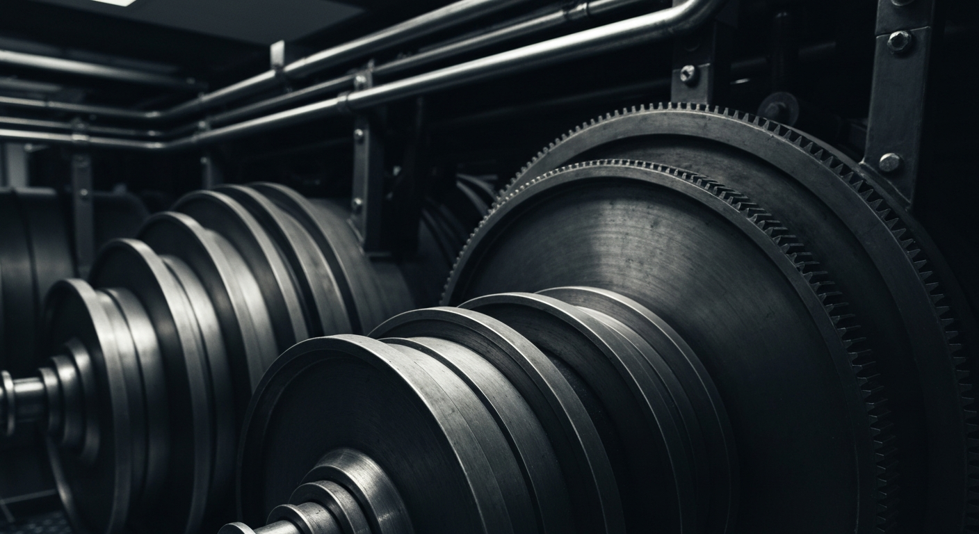 A highly detailed, black-and-white close-up image of the inner workings of a banking machine, conveying the industrial strength and technical precision of the financial sector.