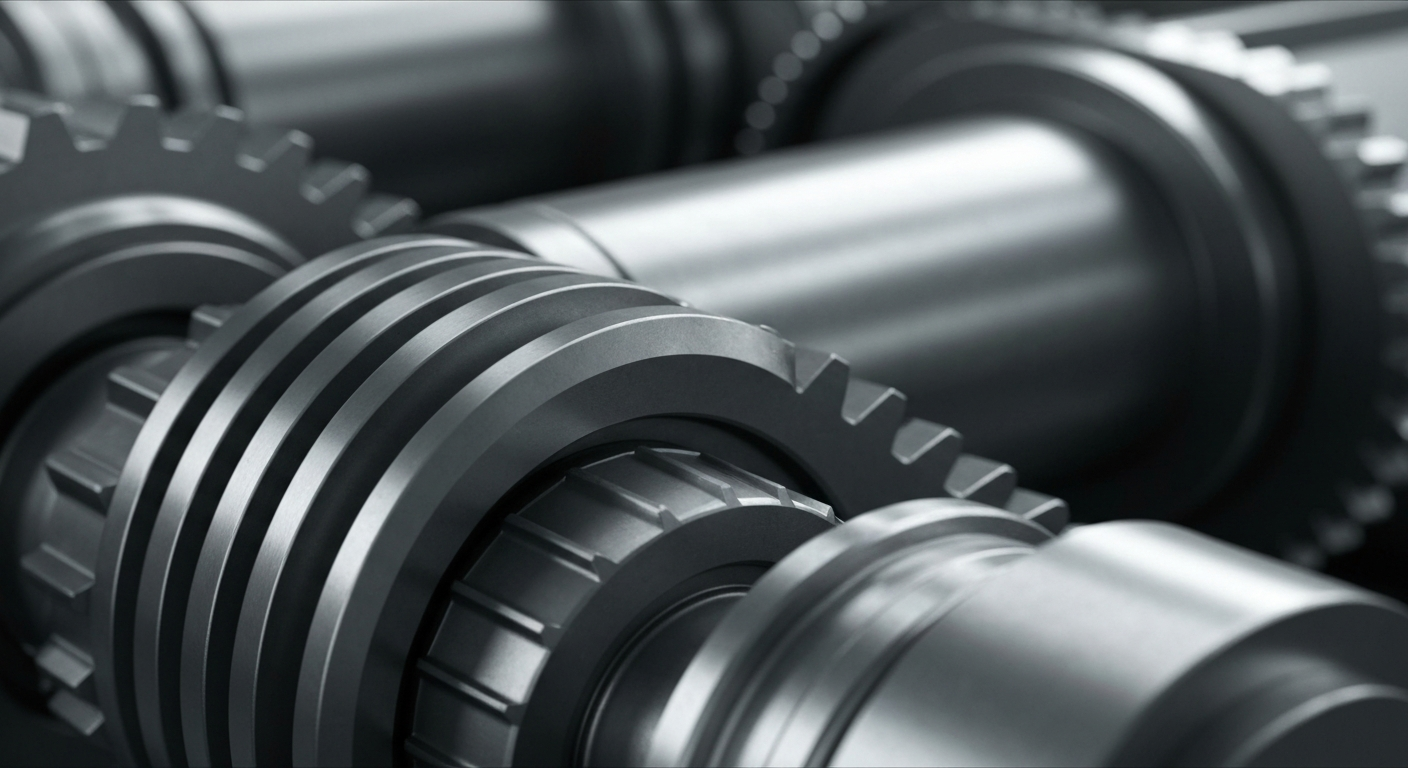 An extreme close-up of intricately engineered industrial machinery, conveying the physical and financial strength of Caterpillar's operations without using literal currency or charts.