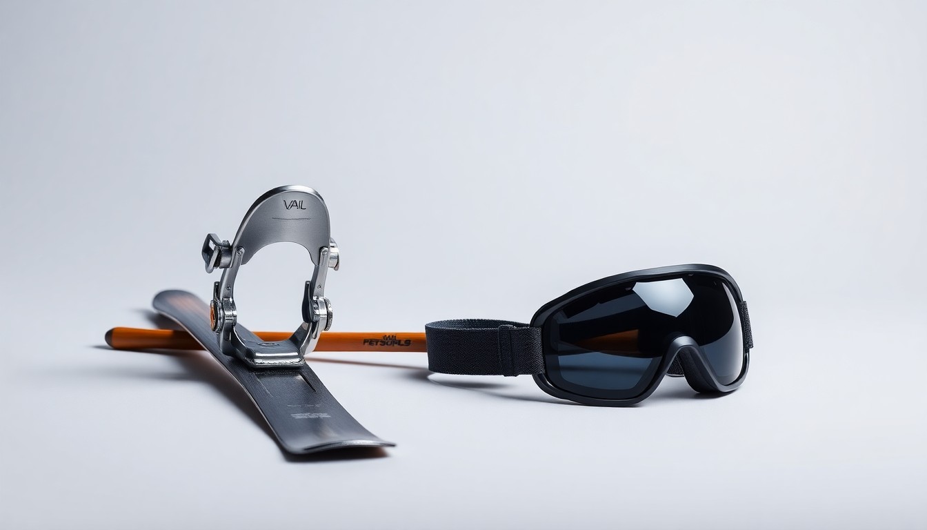 A photorealistic studio still-life image featuring a polished metal ski binding, a smooth wooden ski pole, and a sleek pair of ski goggles arranged elegantly on a clean, monochromatic background, conceptually representing the premium, high-performance nature of Vail Resorts' offerings.