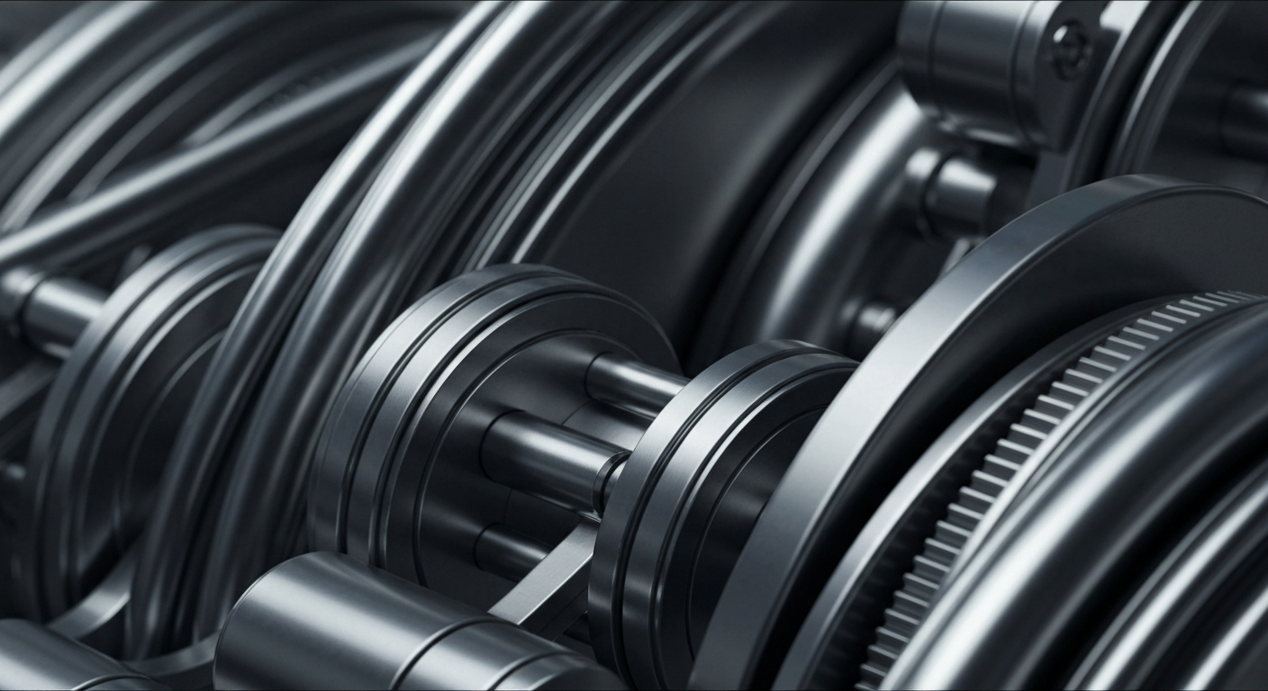 A cinematic close-up of heavy, polished industrial machinery and equipment in shades of silver, steel, and gunmetal grey, conceptually representing the secure, reliable, and powerful nature of Graco's financial position and industrial products.