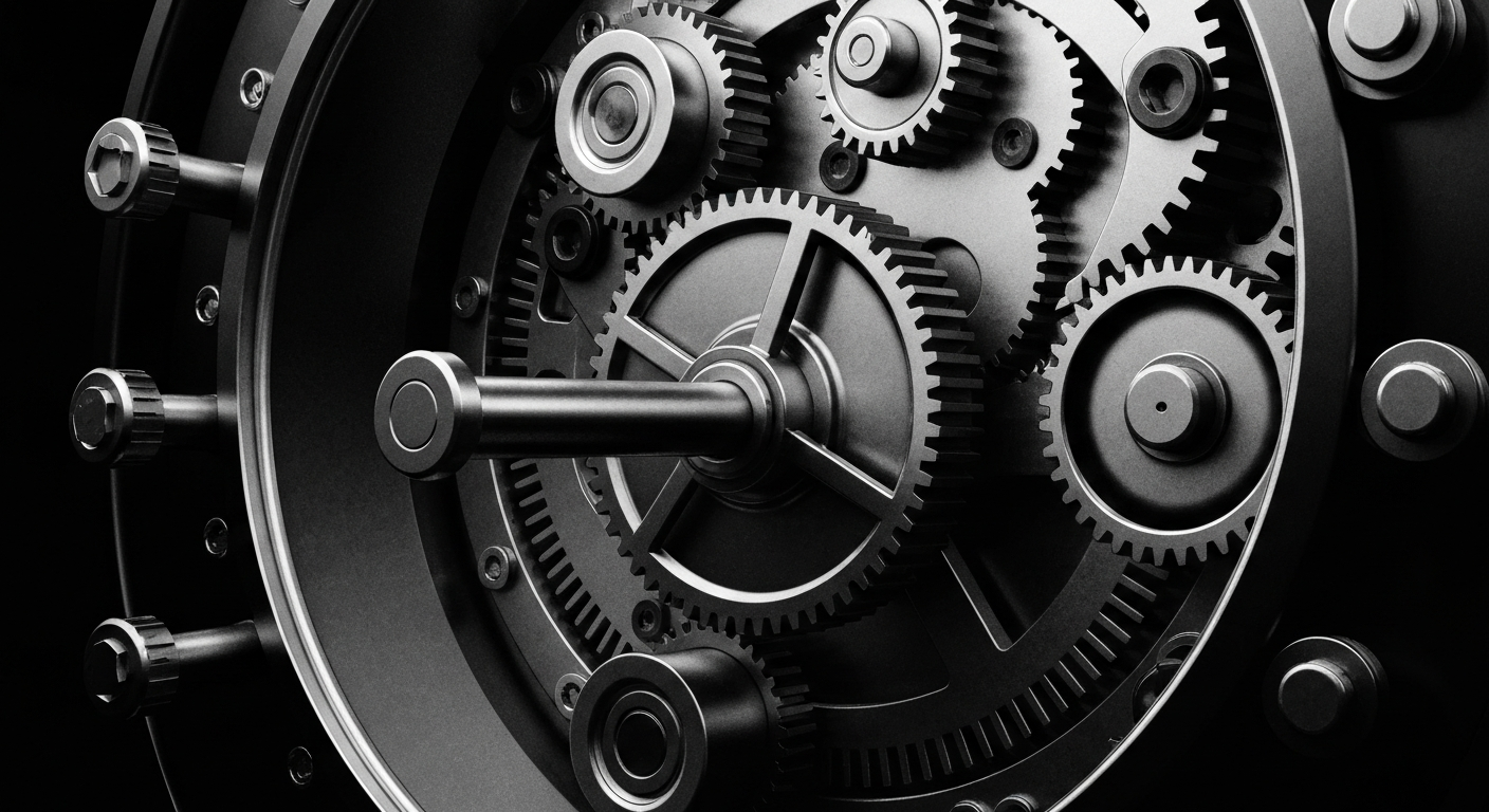 A high-contrast black and white close-up image of the complex inner mechanisms of a bank vault, representing the secure and robust infrastructure that supports the banking industry.