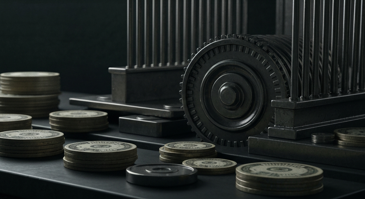 A close-up of gears, levers, and other industrial banking equipment, conveying the complex mechanics that underpin the financial system.