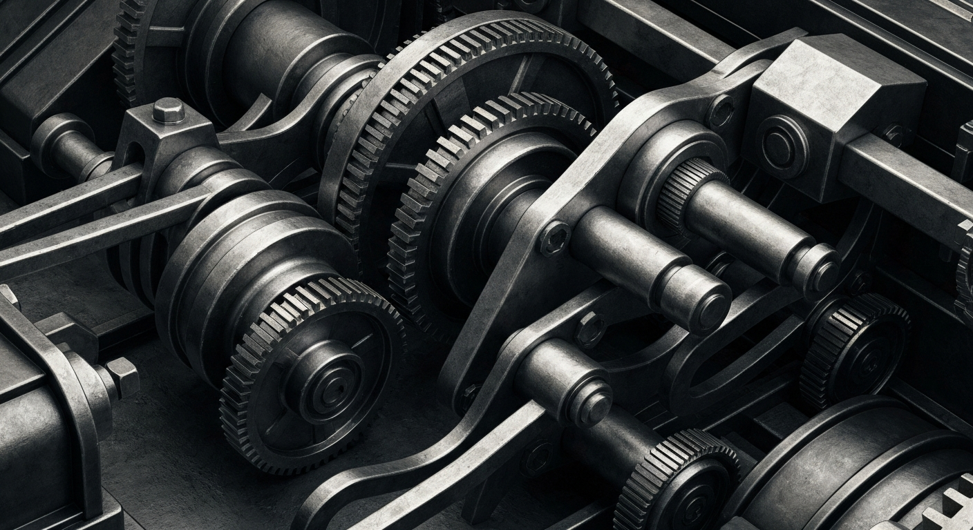 A highly detailed, cinematic close-up of the intricate gears, levers, and other heavy industrial machinery in shades of steel grey, bronze, and black, conceptually representing the tangible financial infrastructure and banking mechanics behind a major materials company.
