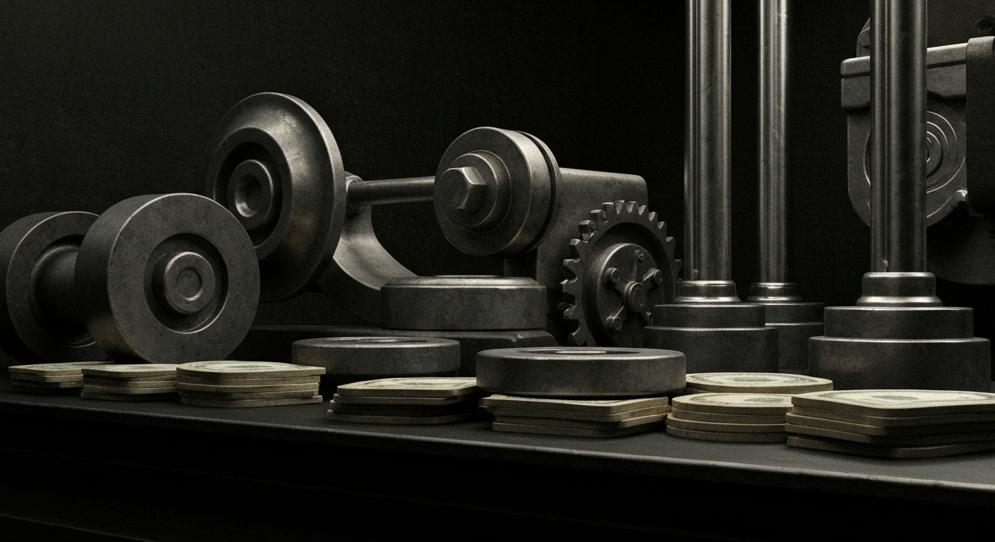 A cinematic close-up of industrial gears, levers, and machinery, conveying the tangible, physical nature of financial institutions and investments without using literal currency or charts.
